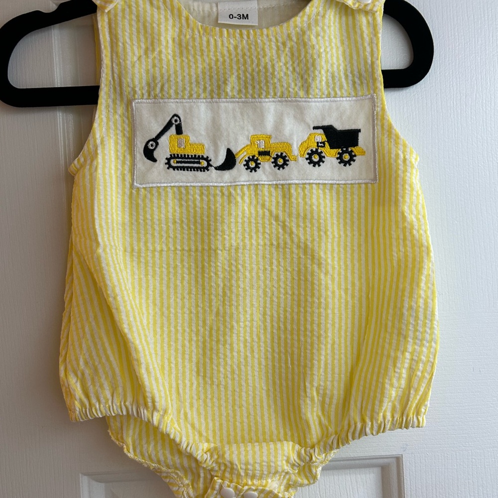 Yellow Striped Baby Romper with Construction Vehicles